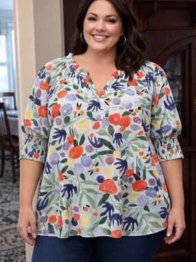 Boutique Floral Peasant Top 1X Entro Brand with Puff-Sleeve in Bright Colors